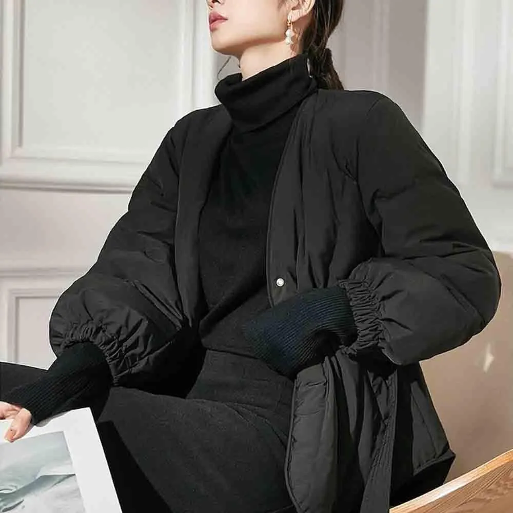 Women's Winter Long Sleeve Waist Cinched Jacket V-Neck Baggy Short Coats with Pockets