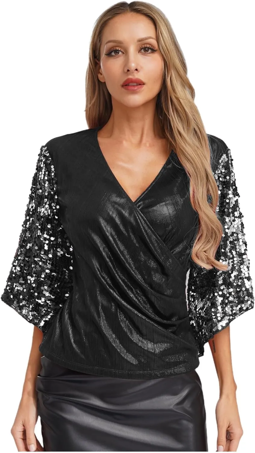 Womens Wrap V Neck Ruched Tops Sequins Split Sleeve Glitter Sparkly Party Dressy Blouses