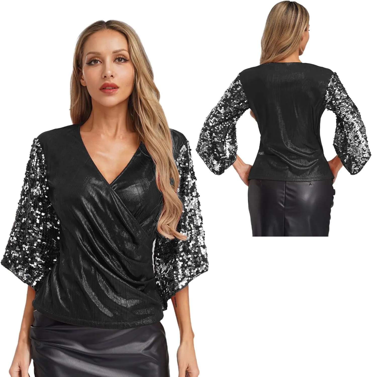 Womens Wrap V Neck Ruched Tops Sequins Split Sleeve Glitter Sparkly Party Dressy Blouses