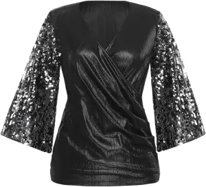 Womens Wrap V Neck Ruched Tops Sequins Split Sleeve Glitter Sparkly Party Dressy Blouses