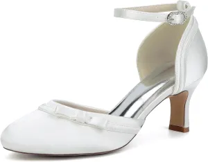 Women'sround Closed Toe Satin Pumps 6.5CM Bow Kitten Heel Bridal Shoes Ankle Strap Wedding Prom Party Dress Comfortable Bridesmaids