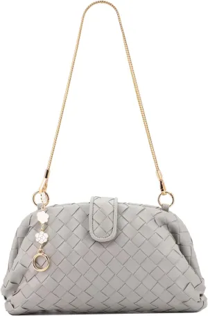 Woven Leather Clutch for Women, Underarm Shoulder Bag Crossbody Purse with Metal and Extender Chain