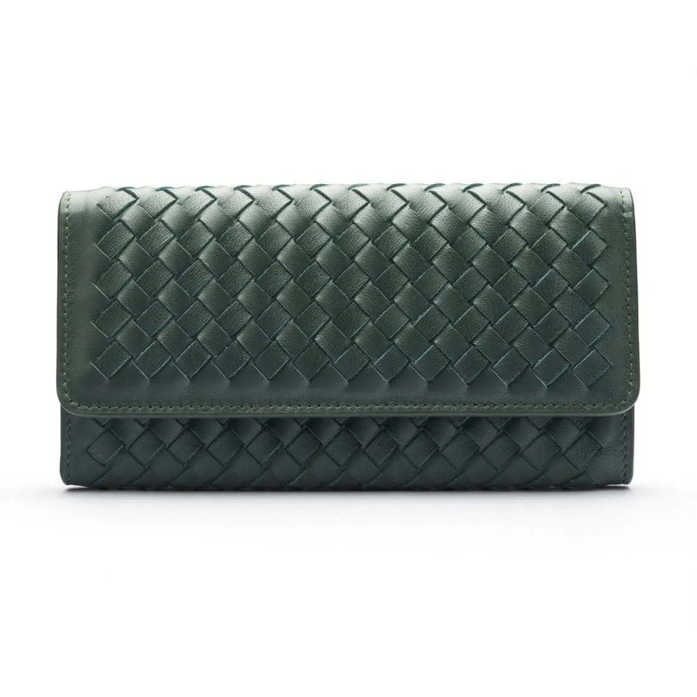 Woven Leather Concertina Tall  Purse - Racing Green