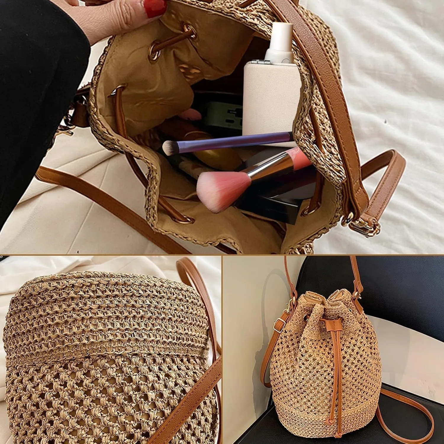 Woven Shell Shape Tote Bag, Rattan Raffia Straw Shoulder Bag Summer Beach Crossbody Purse Handbag for Women Travel