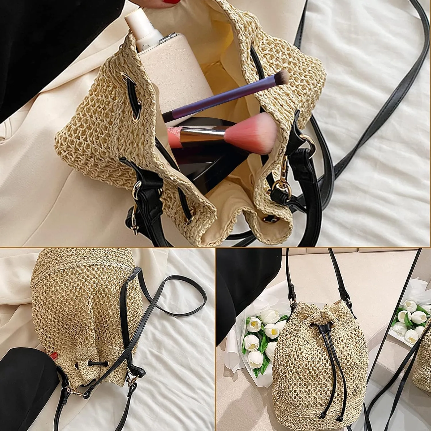 Woven Shell Shape Tote Bag, Rattan Raffia Straw Shoulder Bag Summer Beach Crossbody Purse Handbag for Women Travel