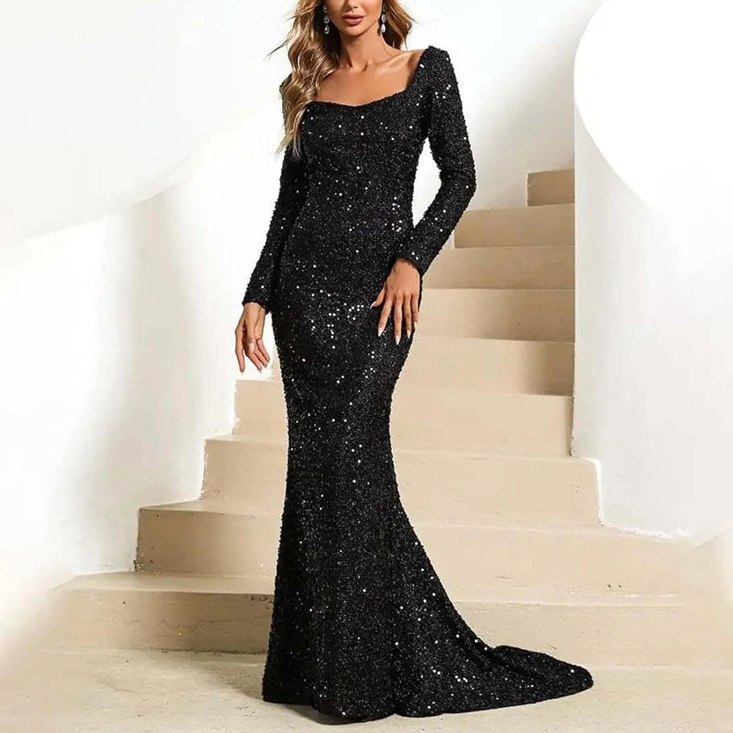 Wpmen's Dress Sexy Deep V Lace Mesh Maxi Formal Dress Party Cocktail Dresses Long Sleeve Elegant Wedding Dress