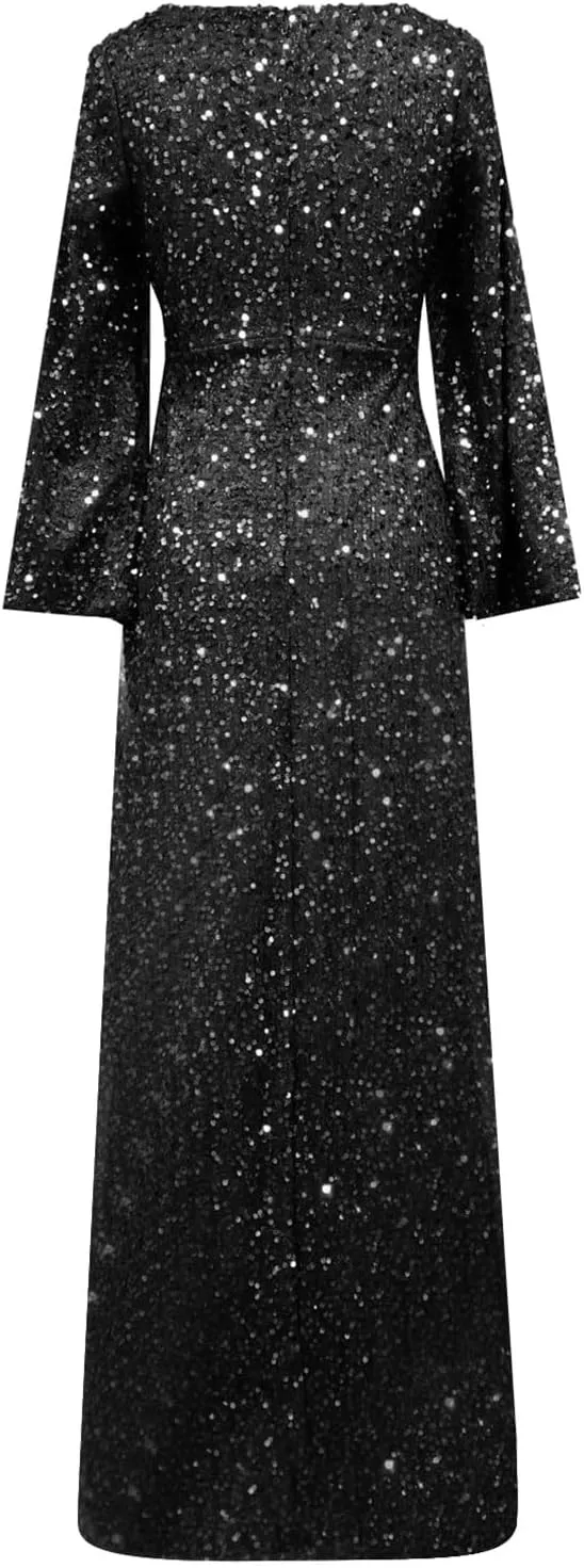 Wpmen's Dress Sexy Deep V Lace Mesh Maxi Formal Dress Party Cocktail Dresses Long Sleeve Elegant Wedding Dress