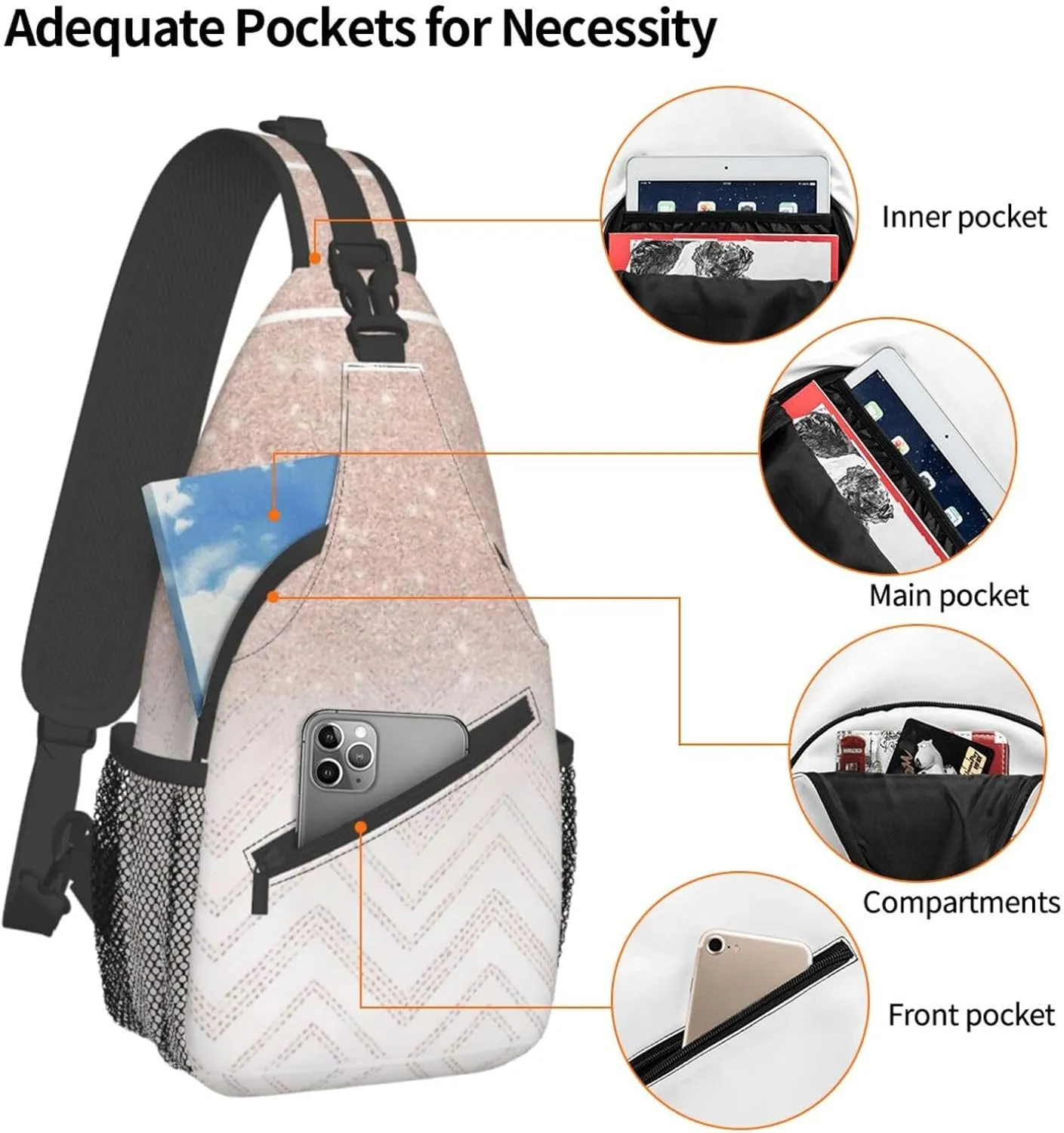 WURTON Sling Bag Glittery Pretty Pattern Print Sling Backpack Crossbody Chest Bag Daypack For Hiking Travel