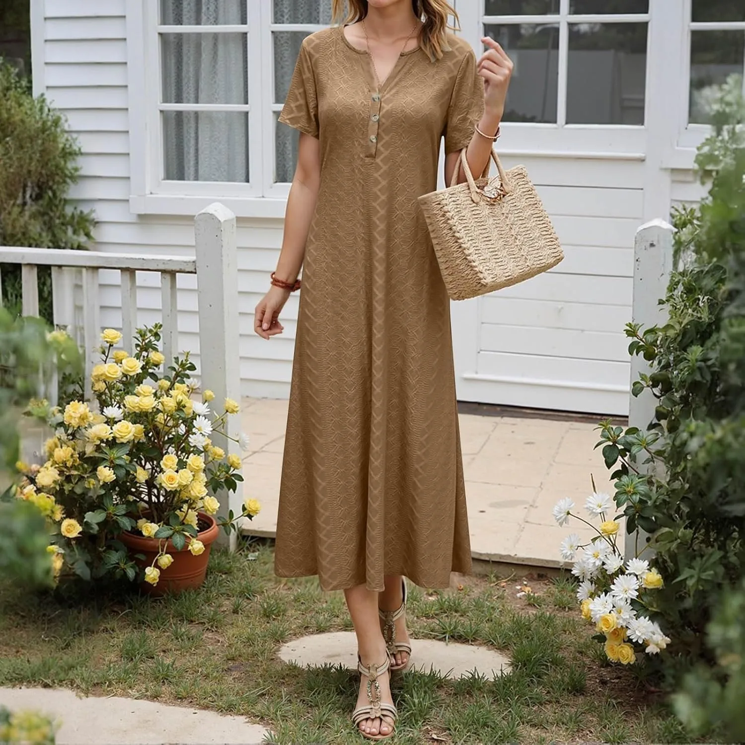 Xiaojmake Womens Short Sleeve V Neck Eyelet Long Maxi Dress Trendy Elegant Button Full Length Casual Crochet Swing Sundresses