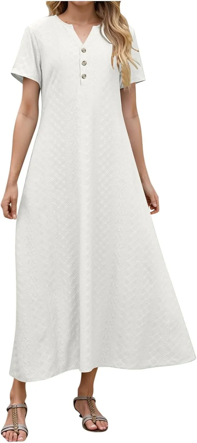 Xiaojmake Womens Short Sleeve V Neck Eyelet Long Maxi Dress Trendy Elegant Button Full Length Casual Crochet Swing Sundresses