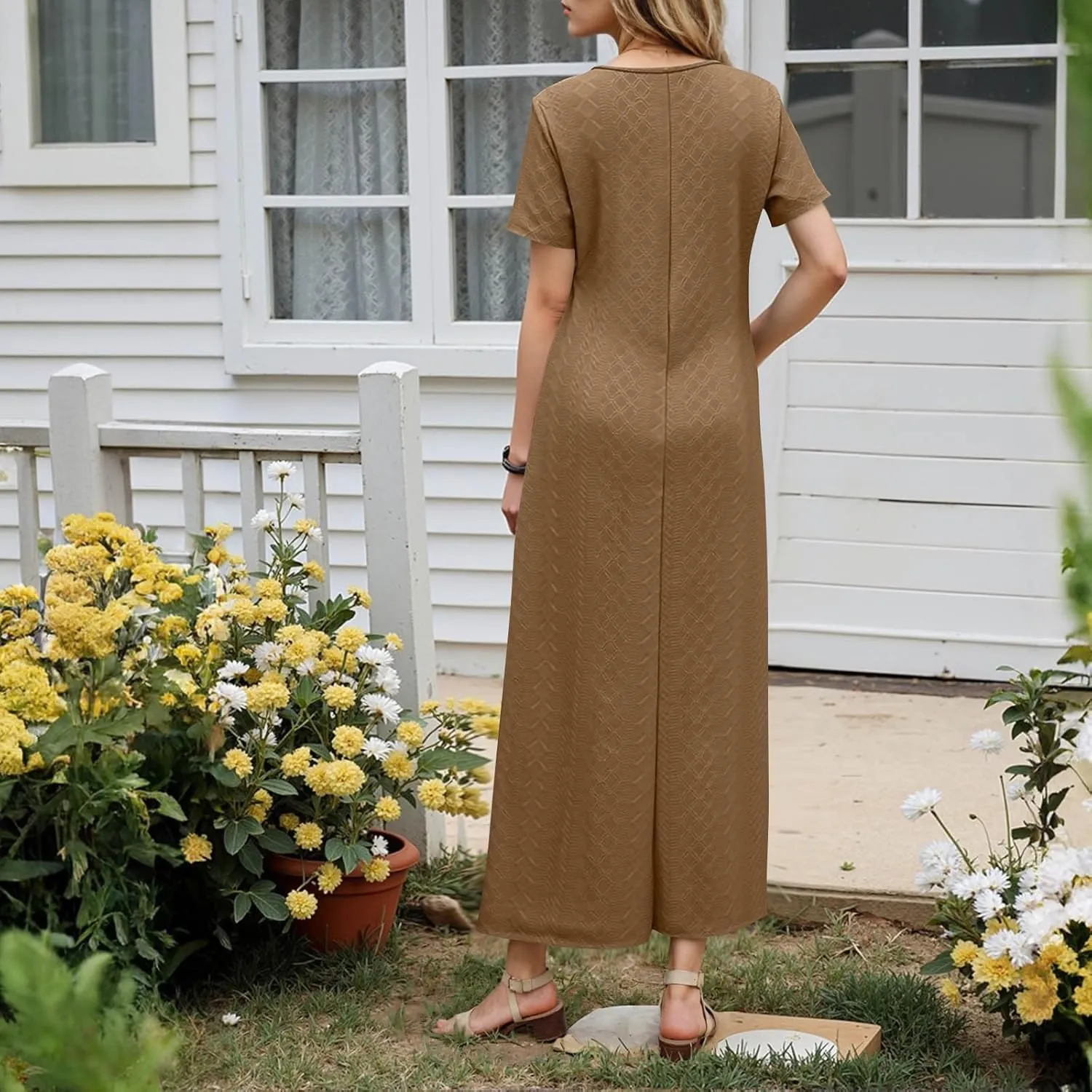 Xiaojmake Womens Short Sleeve V Neck Eyelet Long Maxi Dress Trendy Elegant Button Full Length Casual Crochet Swing Sundresses