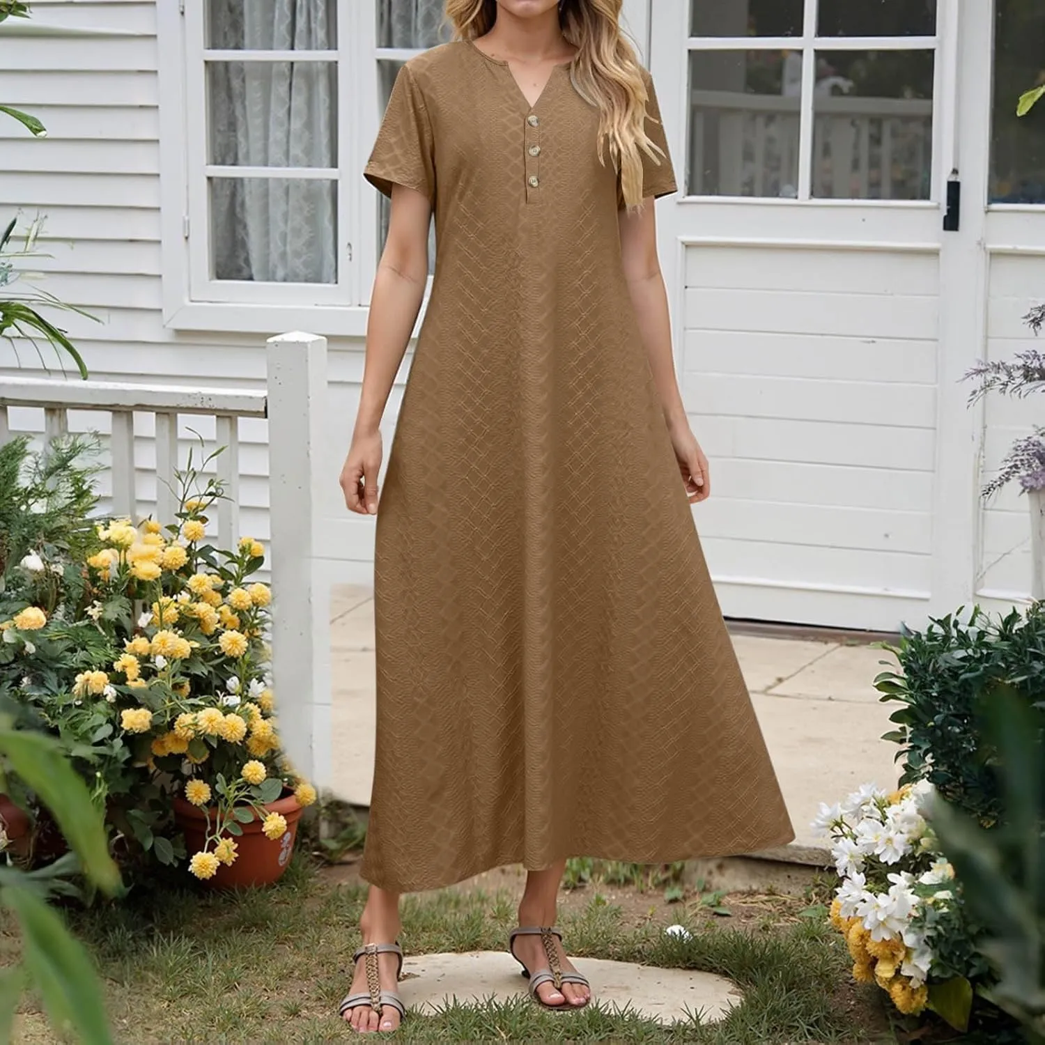 Xiaojmake Womens Short Sleeve V Neck Eyelet Long Maxi Dress Trendy Elegant Button Full Length Casual Crochet Swing Sundresses