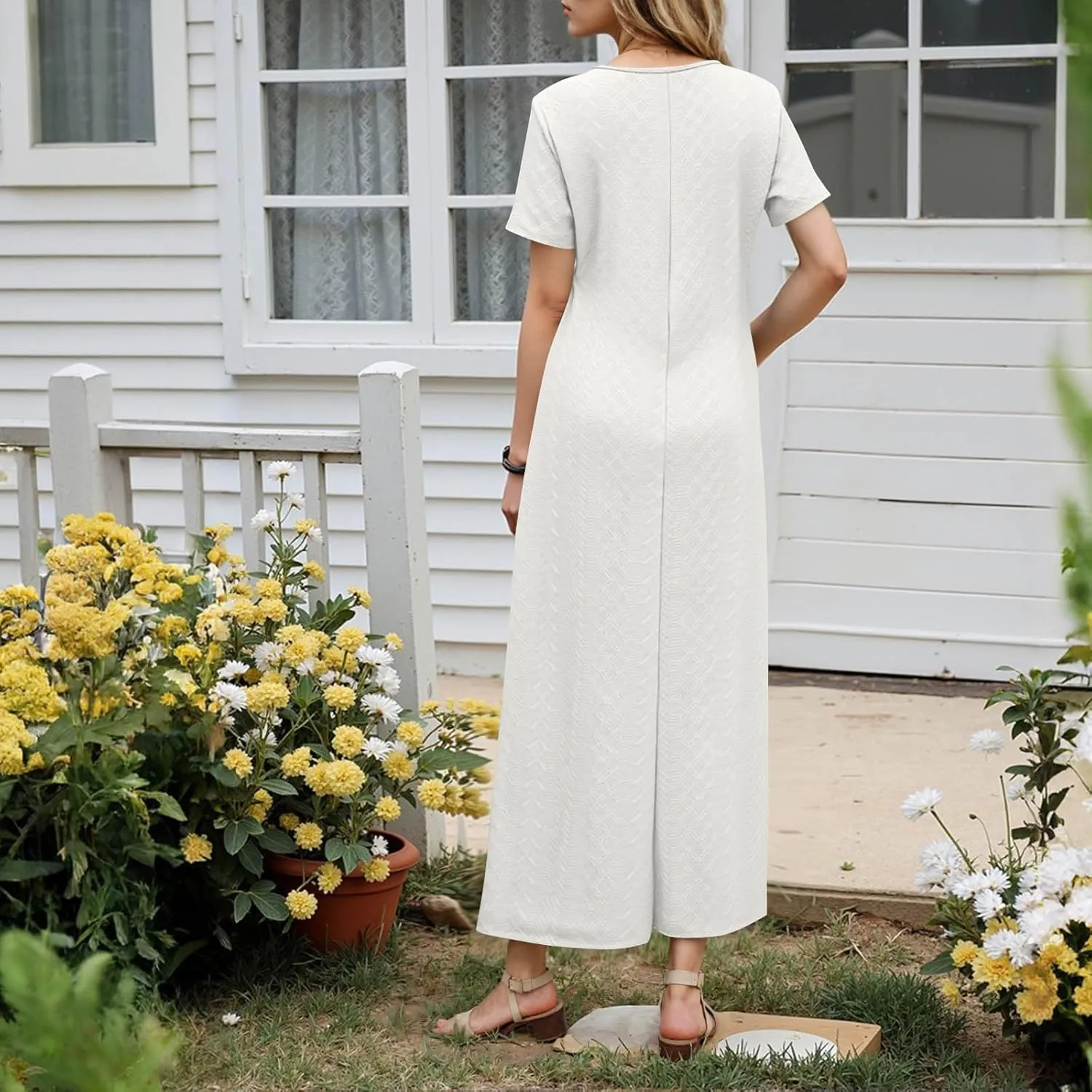 Xiaojmake Womens Short Sleeve V Neck Eyelet Long Maxi Dress Trendy Elegant Button Full Length Casual Crochet Swing Sundresses