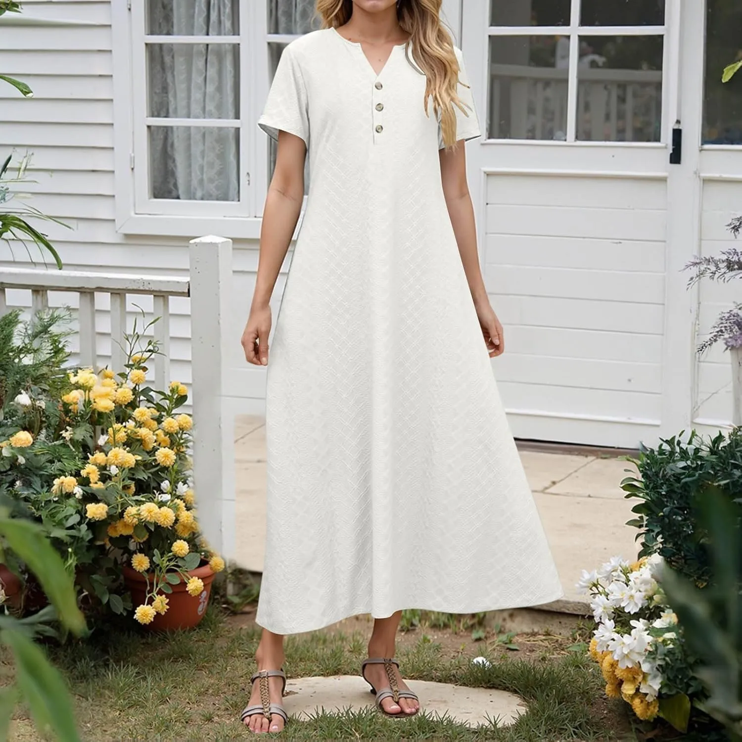 Xiaojmake Womens Short Sleeve V Neck Eyelet Long Maxi Dress Trendy Elegant Button Full Length Casual Crochet Swing Sundresses