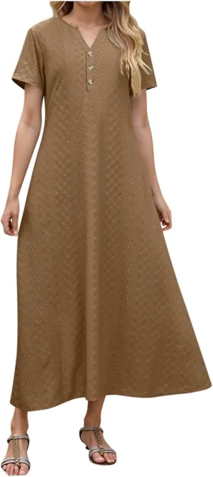 Xiaojmake Womens Short Sleeve V Neck Eyelet Long Maxi Dress Trendy Elegant Button Full Length Casual Crochet Swing Sundresses