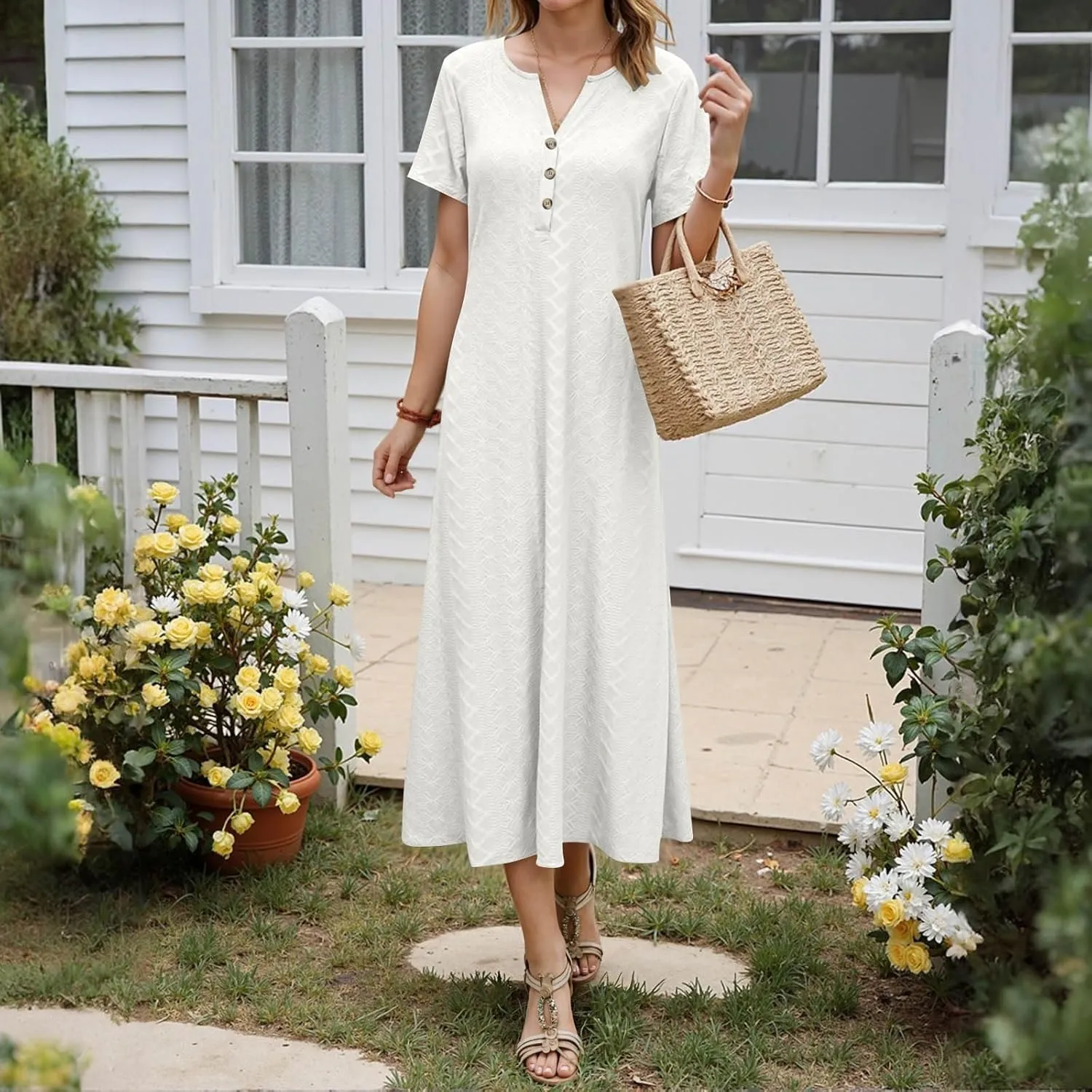 Xiaojmake Womens Short Sleeve V Neck Eyelet Long Maxi Dress Trendy Elegant Button Full Length Casual Crochet Swing Sundresses