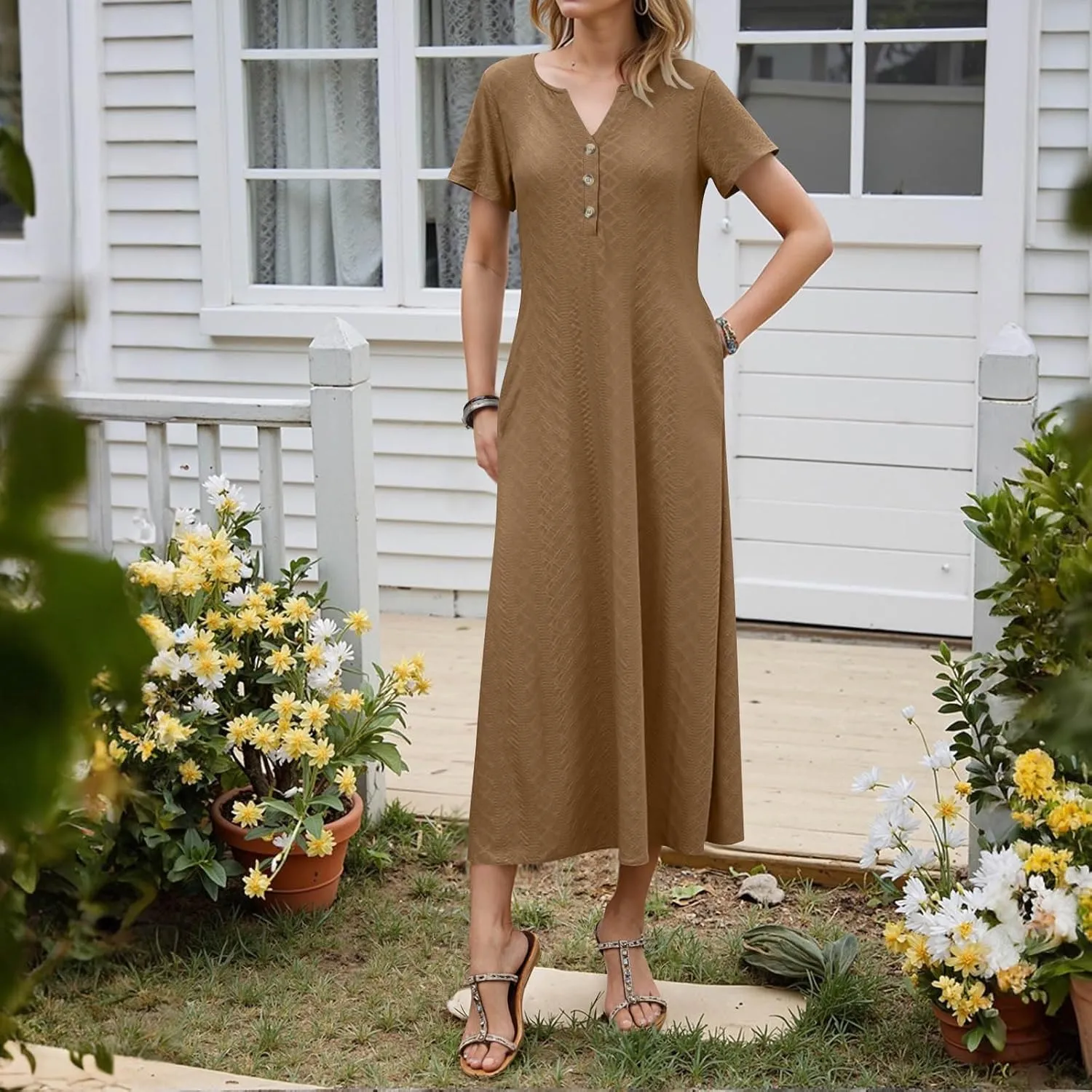 Xiaojmake Womens Short Sleeve V Neck Eyelet Long Maxi Dress Trendy Elegant Button Full Length Casual Crochet Swing Sundresses