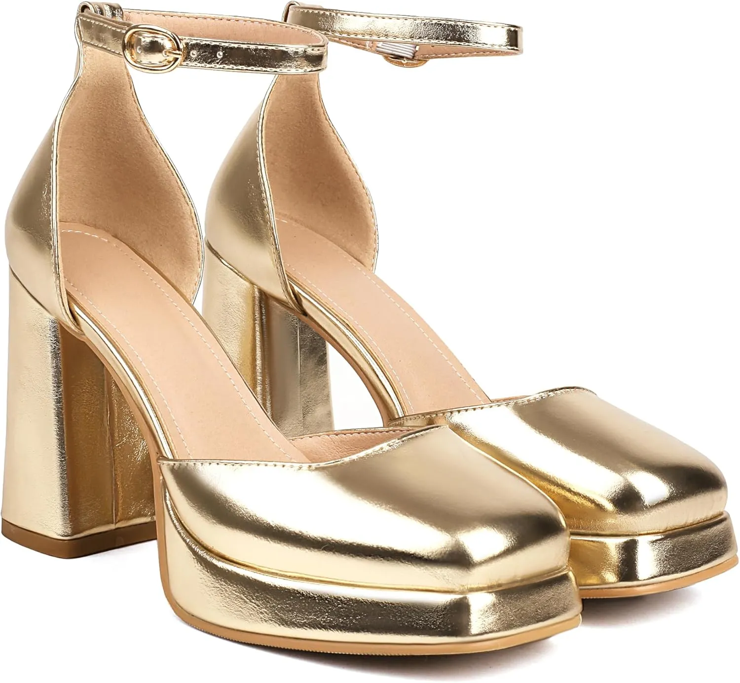 XIEDA Women's Closed Toe Platform Chunky High Block Satin Heels 4 Inch Ankle Strap Party Prom Dress Pumps