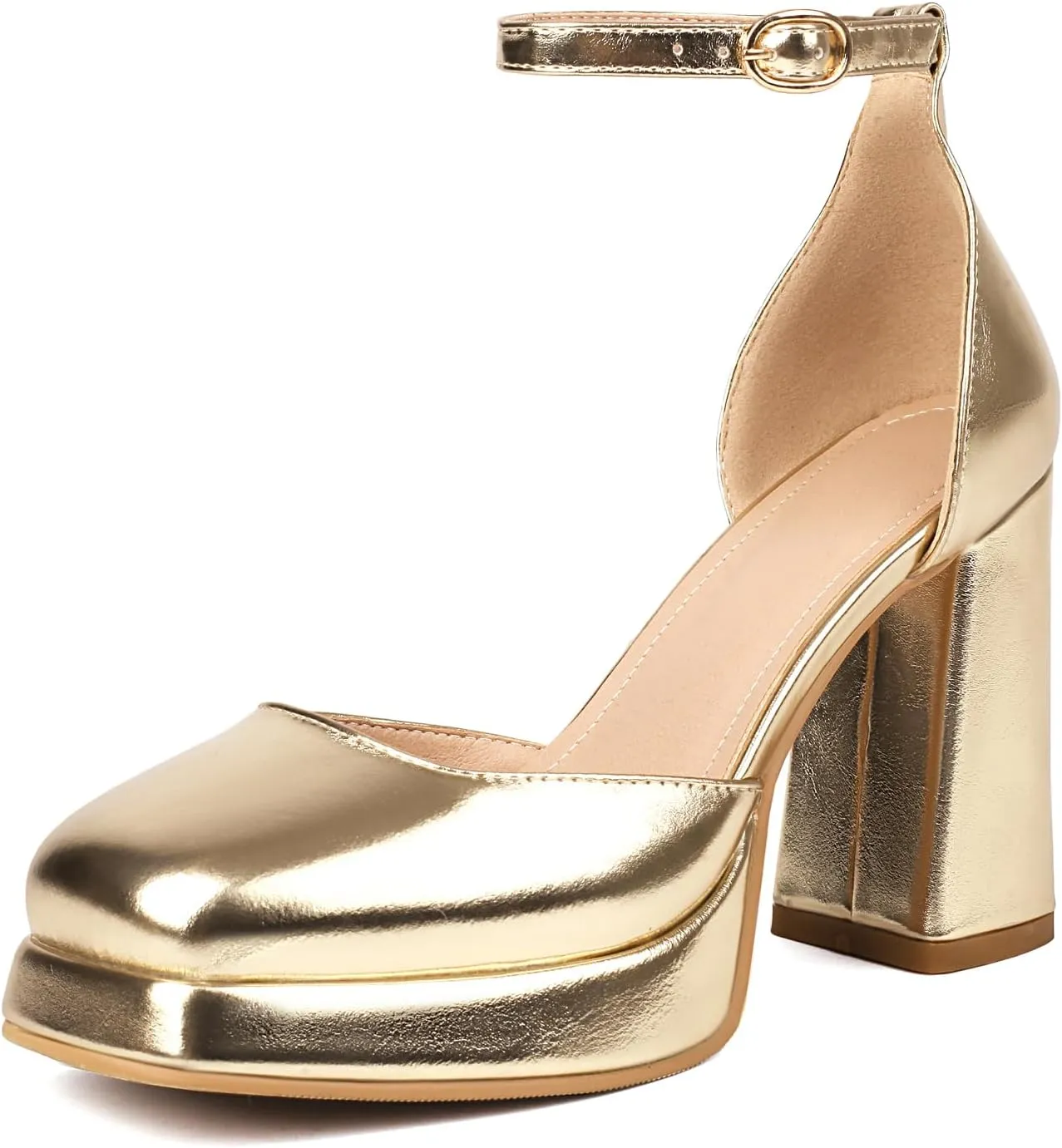 XIEDA Women's Closed Toe Platform Chunky High Block Satin Heels 4 Inch Ankle Strap Party Prom Dress Pumps