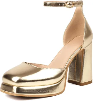 XIEDA Women's Closed Toe Platform Chunky High Block Satin Heels 4 Inch Ankle Strap Party Prom Dress Pumps