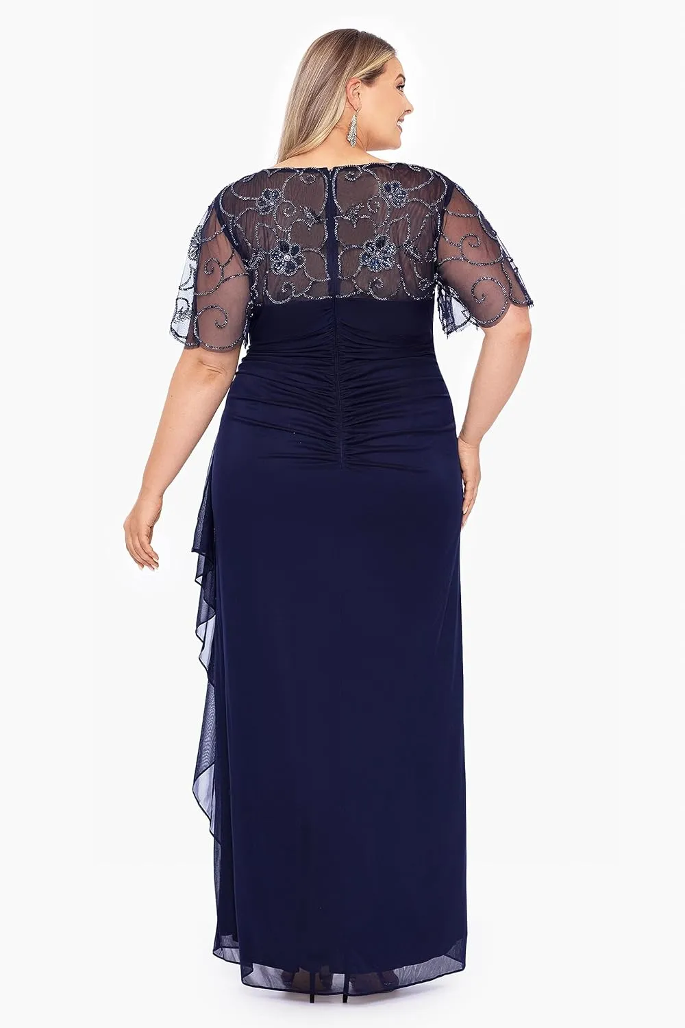 Xscape Women's Plus Size Long Beaded Sequin Illusion Neckline Jersey Dress
