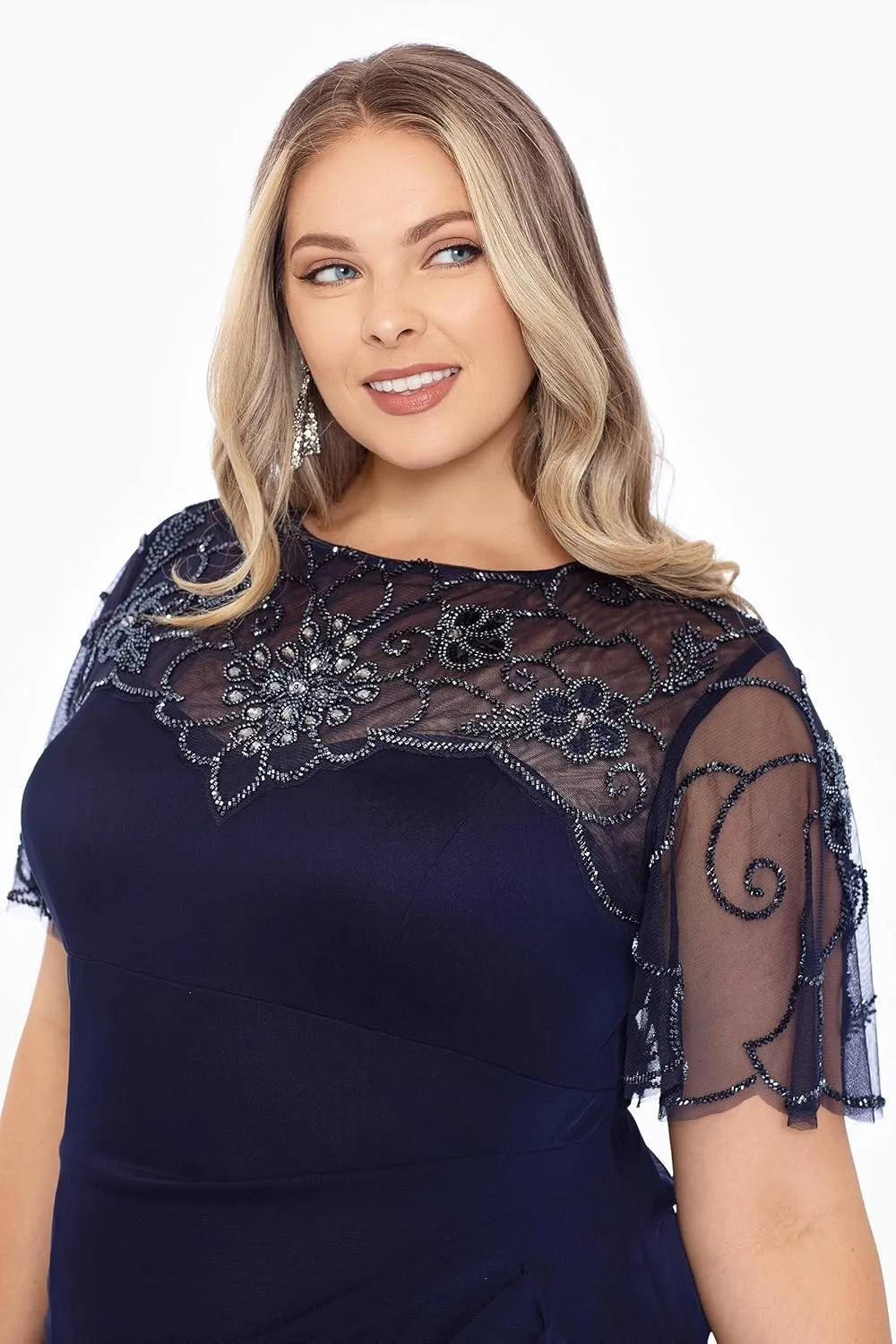 Xscape Women's Plus Size Long Beaded Sequin Illusion Neckline Jersey Dress