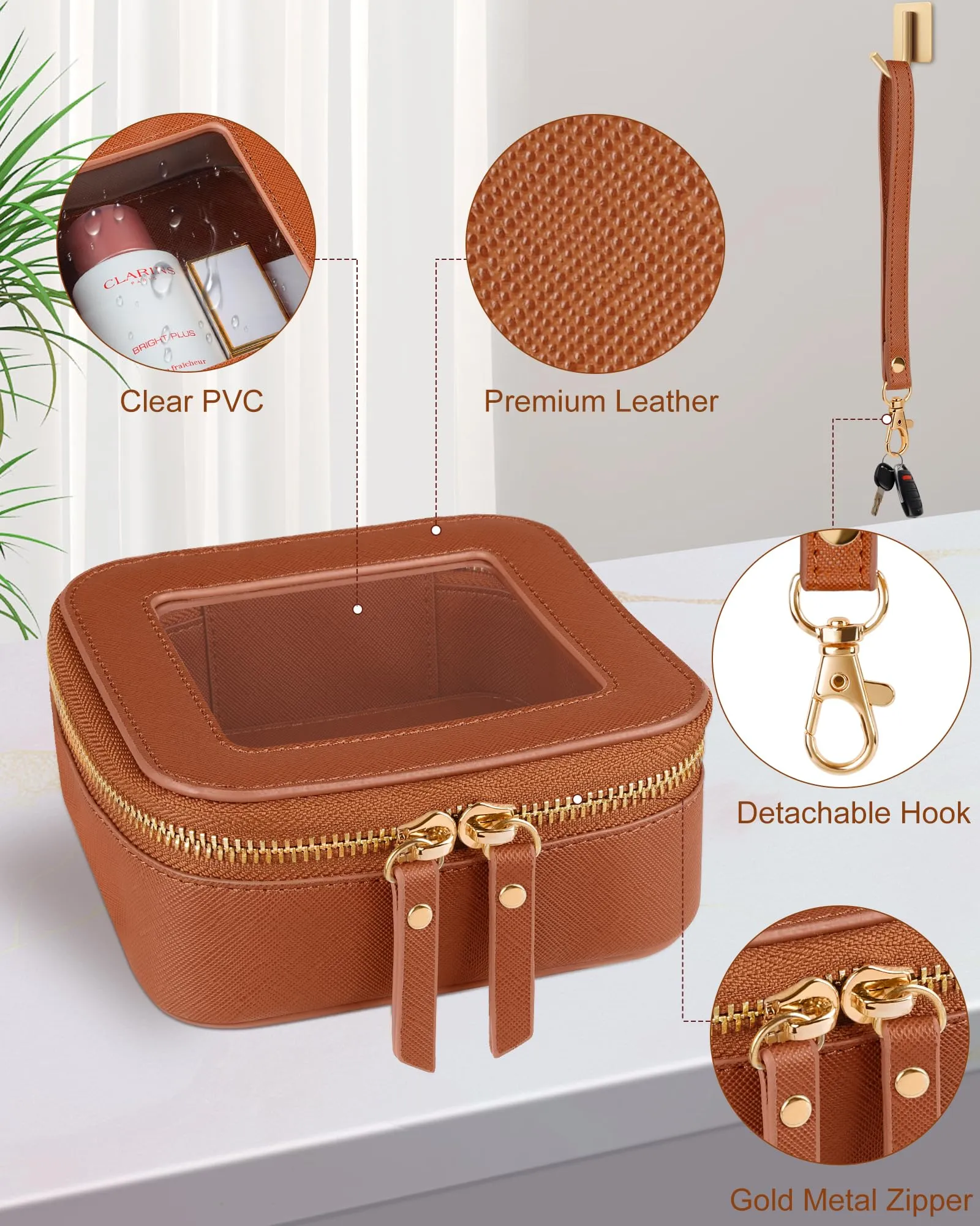 XUGUXA Clear Makeup Bag | Mini Makeup Bag | Small Makeup Bag/Small Cosmetic Bag for Purse | Cute Leather Makeup Pouch | Purse Organizer | Car Travel Purse Essentials for Women Gift (Brown Mini)