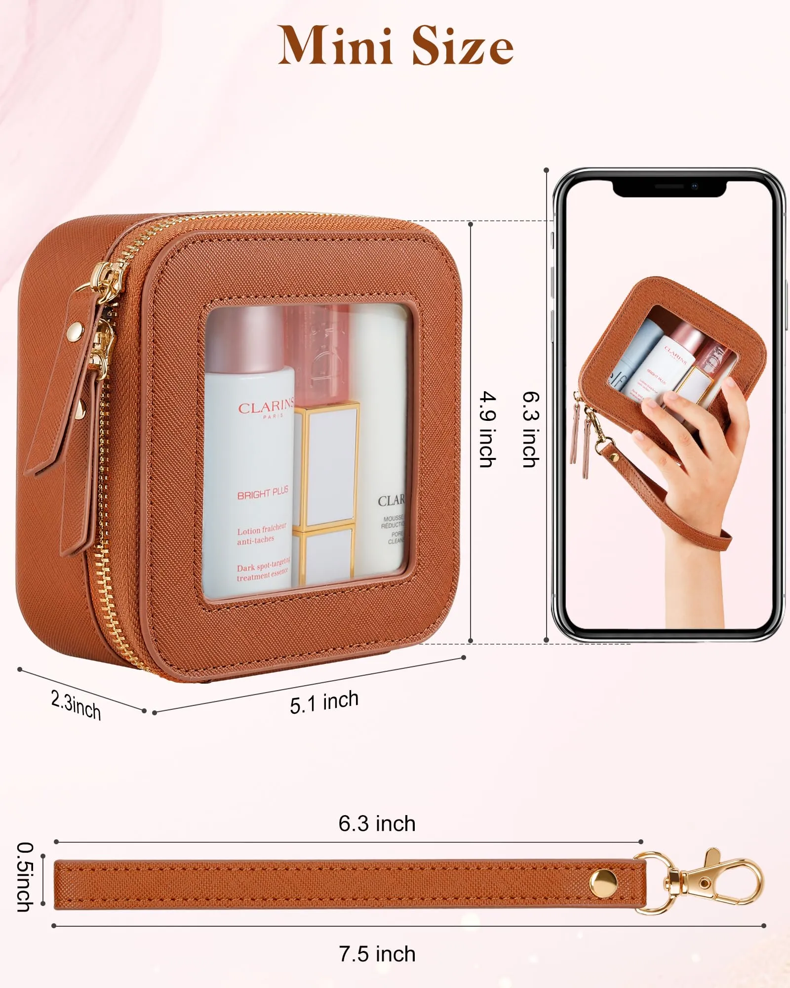 XUGUXA Clear Makeup Bag | Mini Makeup Bag | Small Makeup Bag/Small Cosmetic Bag for Purse | Cute Leather Makeup Pouch | Purse Organizer | Car Travel Purse Essentials for Women Gift (Brown Mini)