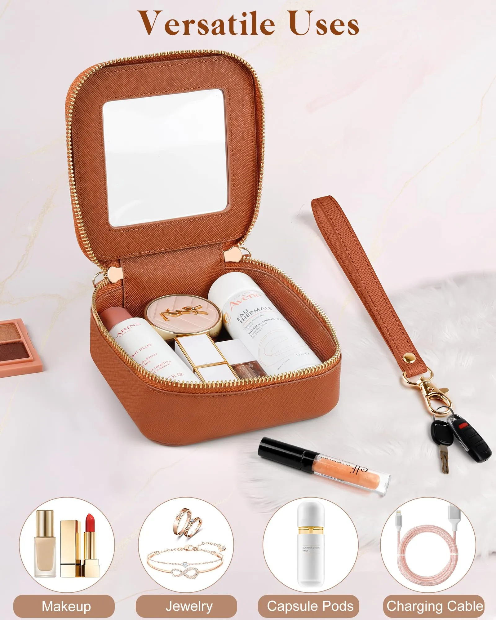 XUGUXA Clear Makeup Bag | Mini Makeup Bag | Small Makeup Bag/Small Cosmetic Bag for Purse | Cute Leather Makeup Pouch | Purse Organizer | Car Travel Purse Essentials for Women Gift (Brown Mini)