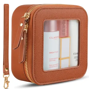 XUGUXA Clear Makeup Bag | Mini Makeup Bag | Small Makeup Bag/Small Cosmetic Bag for Purse | Cute Leather Makeup Pouch | Purse Organizer | Car Travel Purse Essentials for Women Gift (Brown Mini)