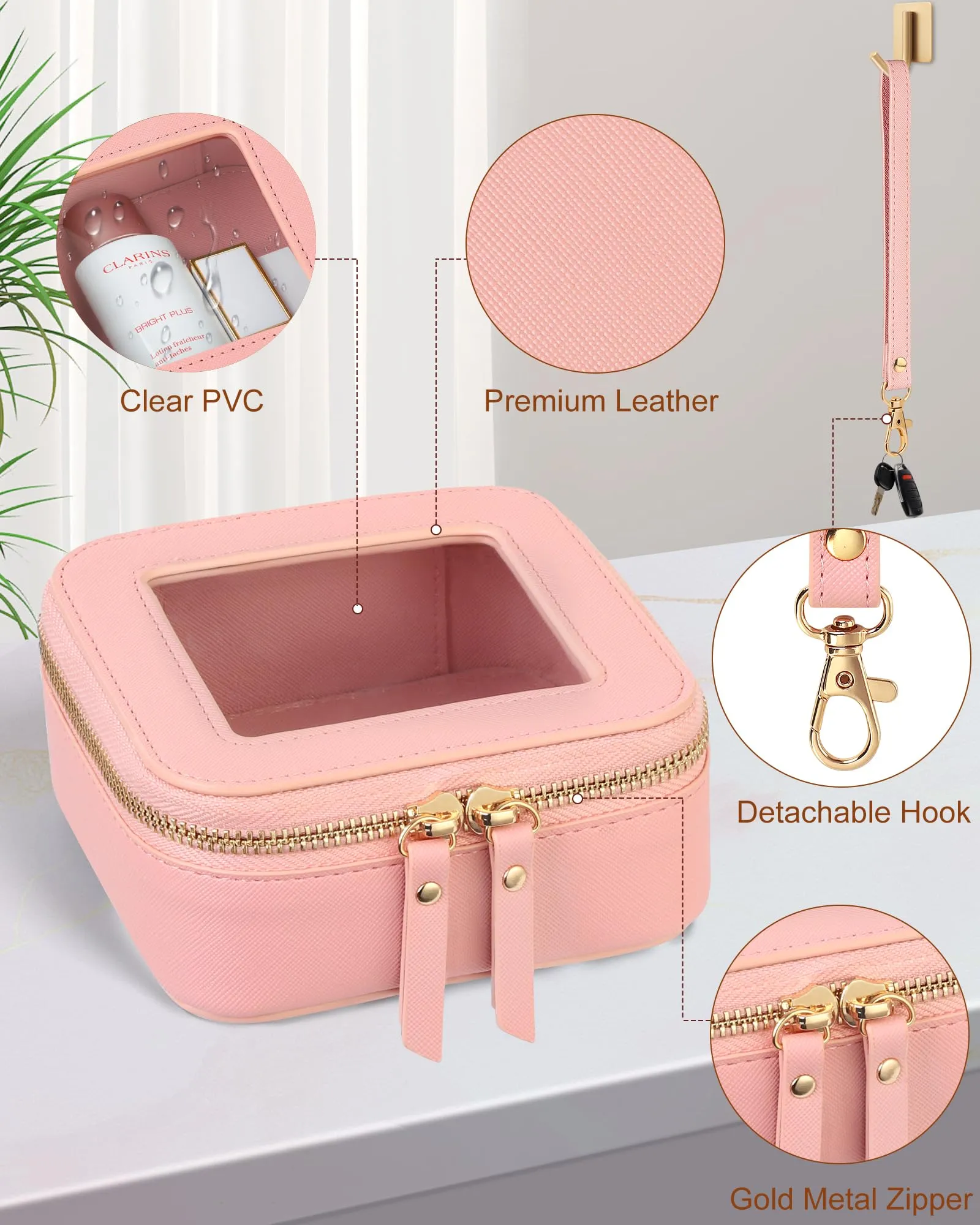 XUGUXA Clear Mini Makeup Bag | Small Cosmetic Pouch | Cute Leather Makeup Pouch | Purse Organizer | Car Travel Essentials for Women (Light Pink)