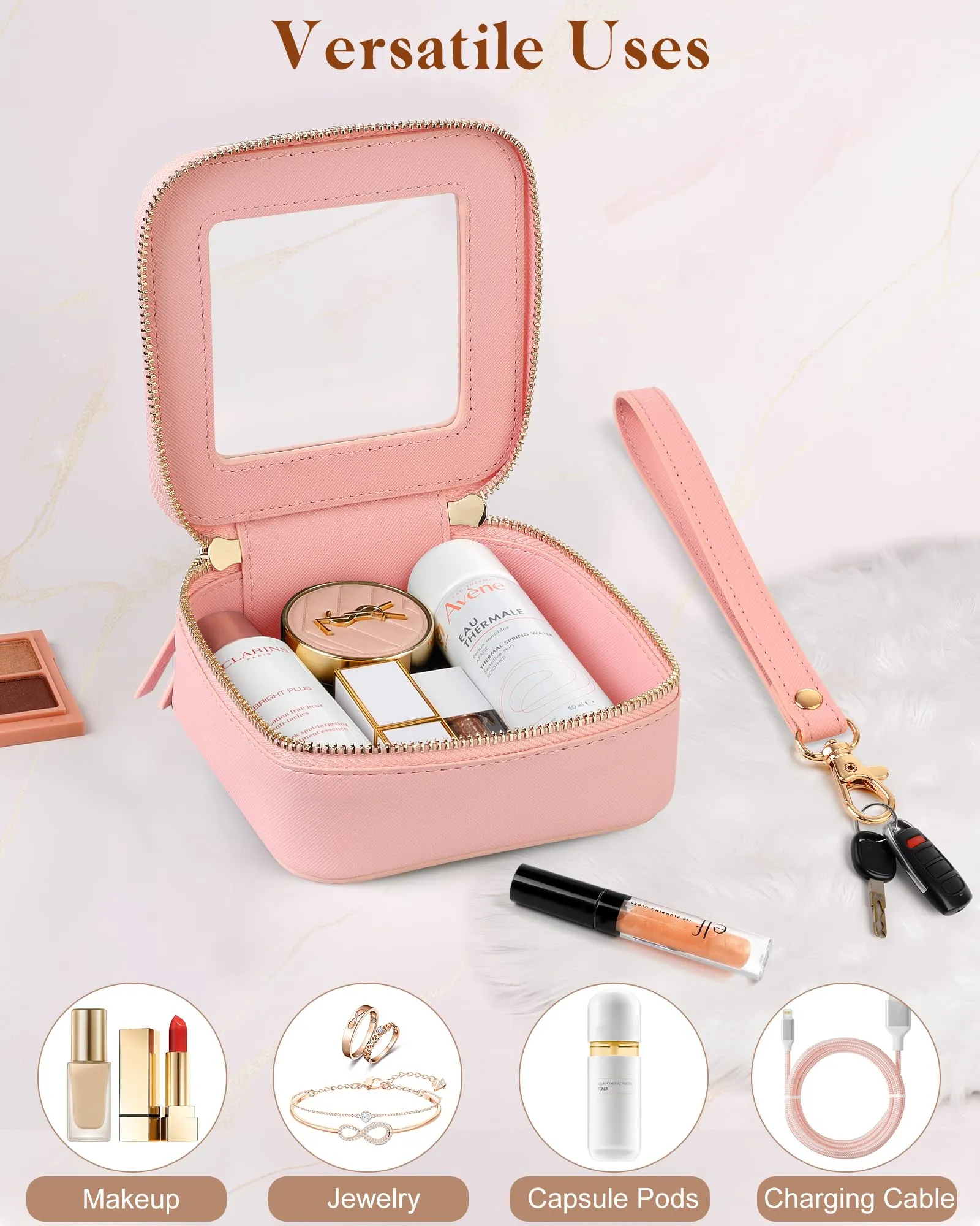 XUGUXA Clear Mini Makeup Bag | Small Cosmetic Pouch | Cute Leather Makeup Pouch | Purse Organizer | Car Travel Essentials for Women (Light Pink)