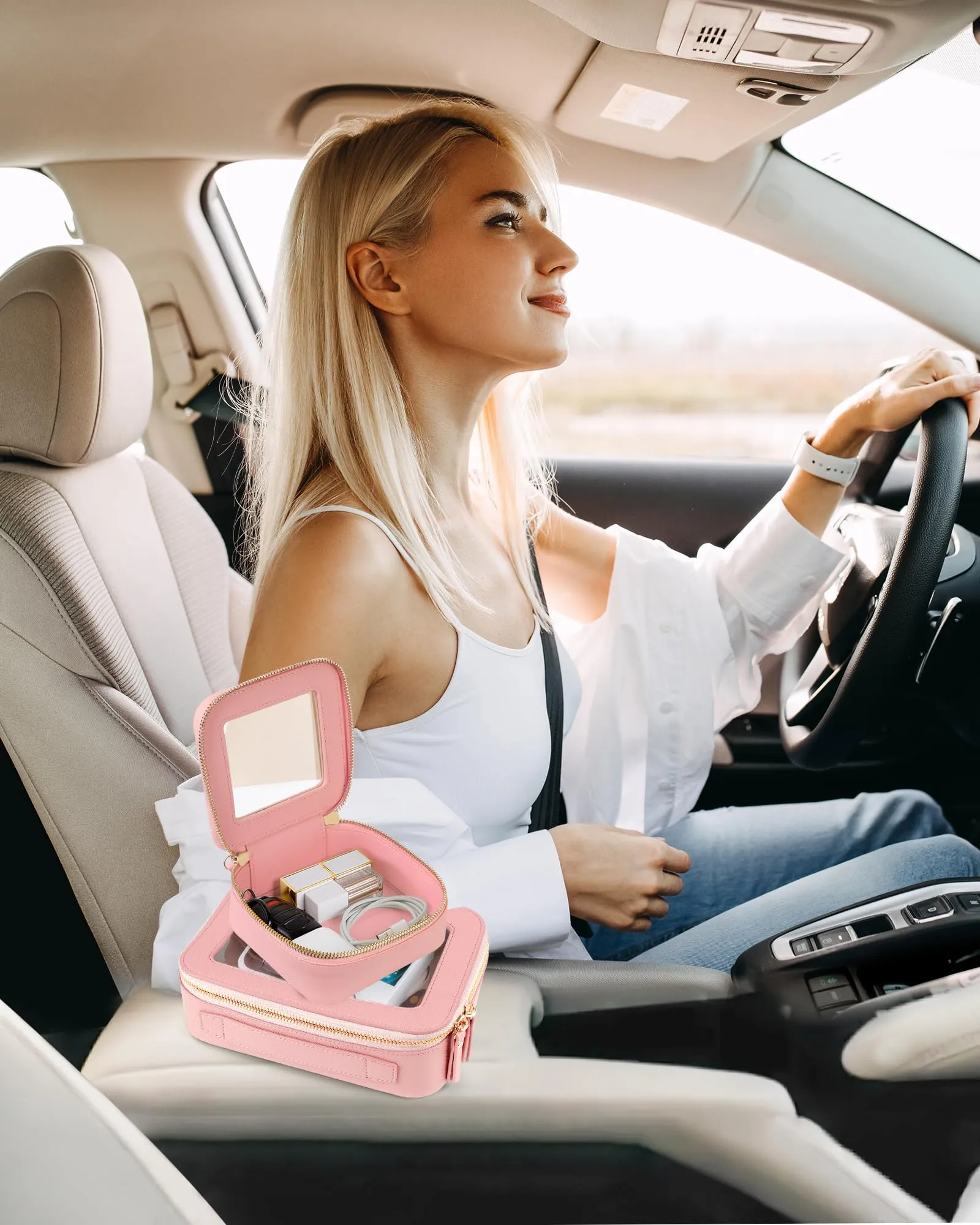 XUGUXA Clear Mini Makeup Bag | Small Cosmetic Pouch | Cute Leather Makeup Pouch | Purse Organizer | Car Travel Essentials for Women (Light Pink)