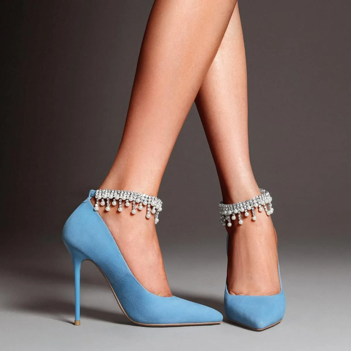 XYD Pointed Toe Rhinestone Ankle Strap Silk Pumps for Women Pure Little Pearl Fringe Pull On Buckle Wedding Stiletto Heels Dress Chic Feast Party Shoes