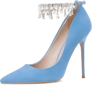 XYD Pointed Toe Rhinestone Ankle Strap Silk Pumps for Women Pure Little Pearl Fringe Pull On Buckle Wedding Stiletto Heels Dress Chic Feast Party Shoes