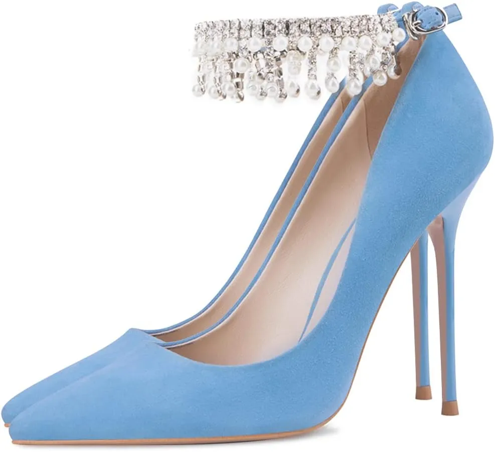 XYD Pointed Toe Rhinestone Ankle Strap Silk Pumps for Women Pure Little Pearl Fringe Pull On Buckle Wedding Stiletto Heels Dress Chic Feast Party Shoes