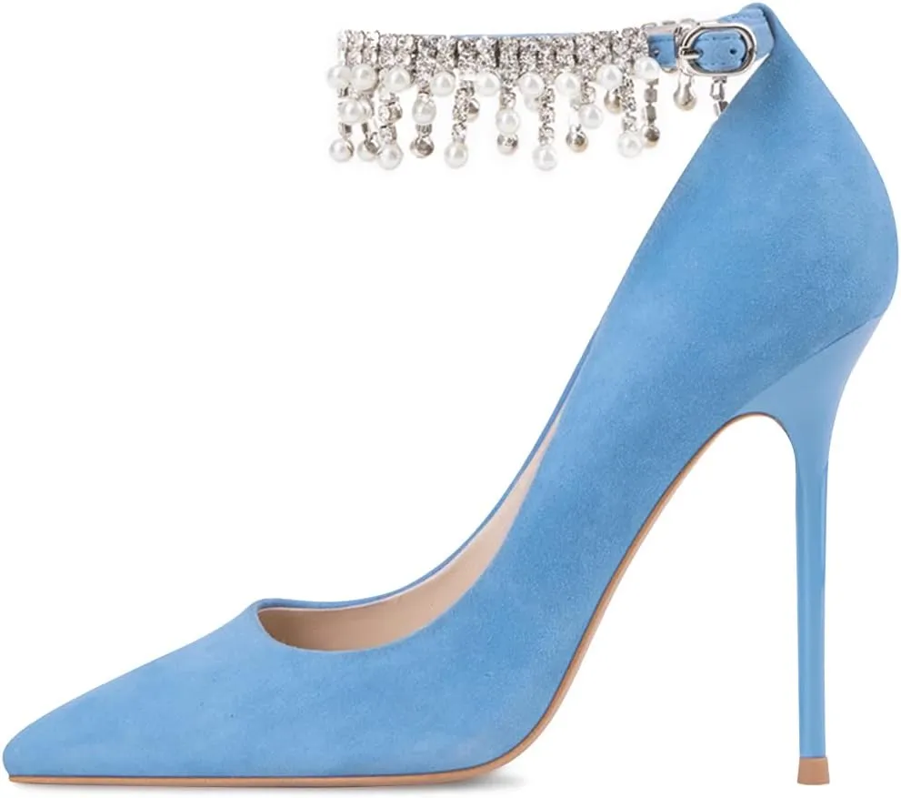 XYD Pointed Toe Rhinestone Ankle Strap Silk Pumps for Women Pure Little Pearl Fringe Pull On Buckle Wedding Stiletto Heels Dress Chic Feast Party Shoes