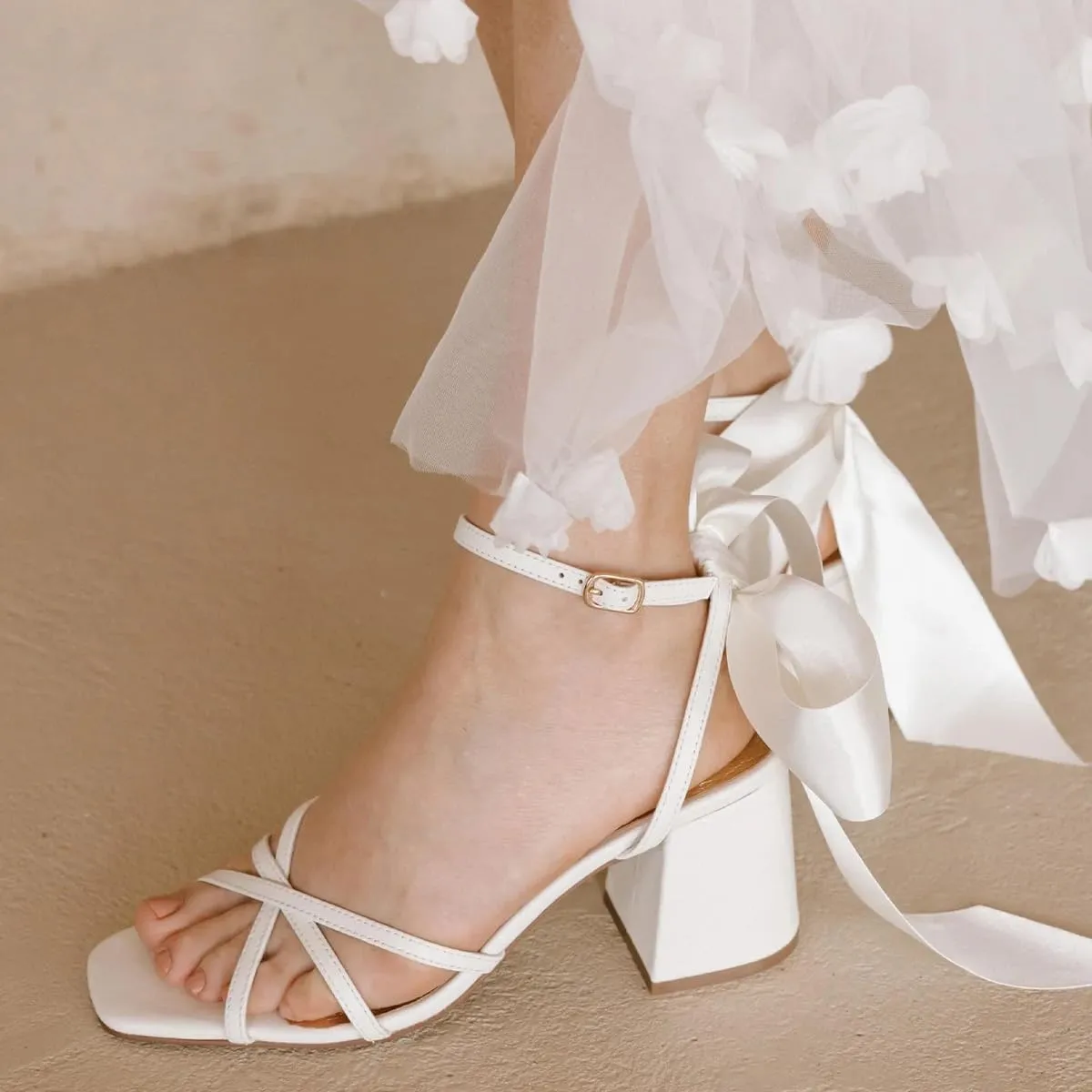 XYD Women Block Heel Sandals for Wedding Bridal Party Elegant Silk Ribbon Strap Square Open Toe Dress Shoes