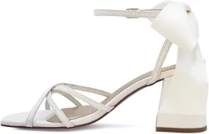 XYD Women Block Heel Sandals for Wedding Bridal Party Elegant Silk Ribbon Strap Square Open Toe Dress Shoes