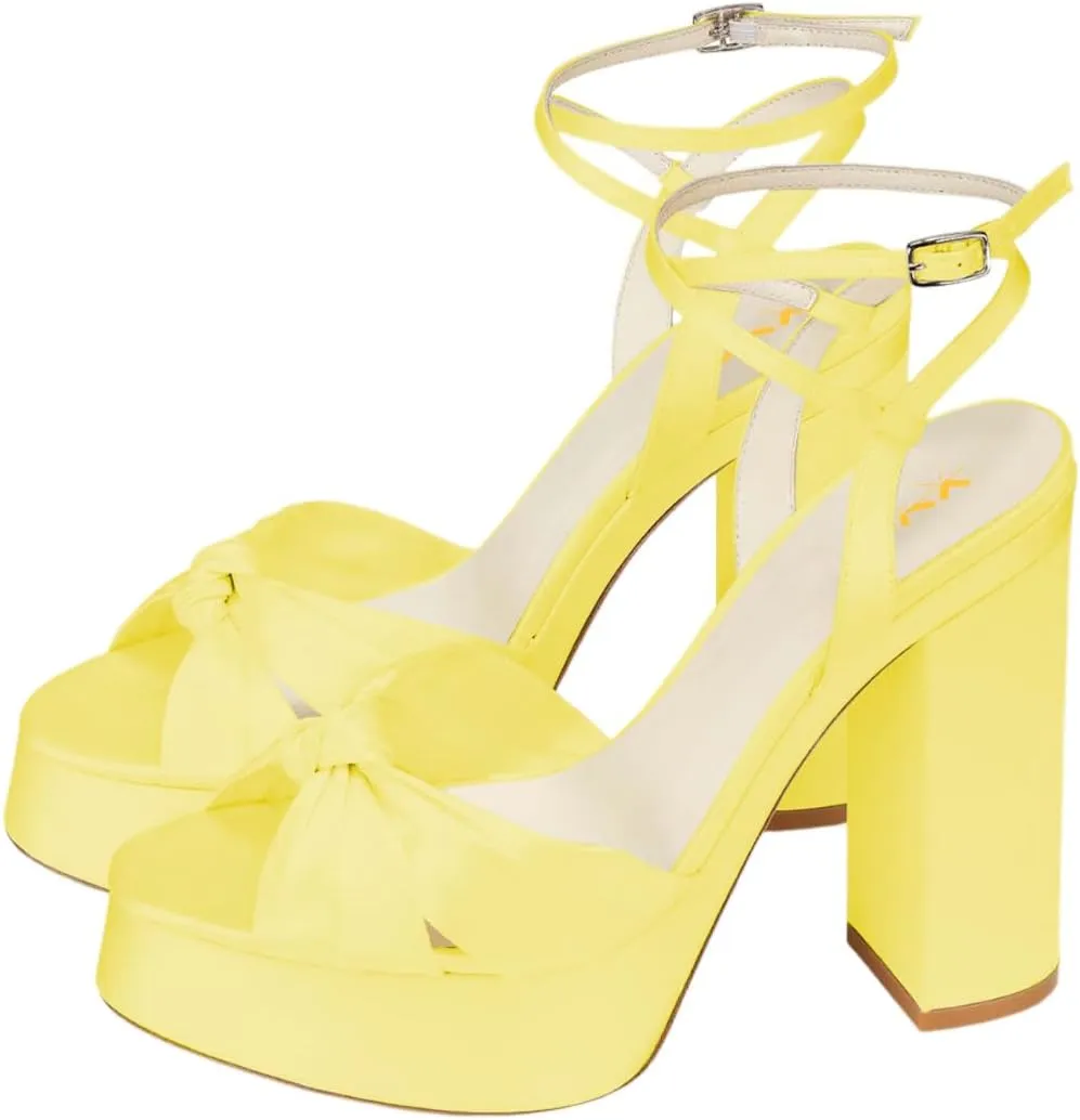 XYD Women Bowknot Ankle Strappy Block High Heel Sandals Open Toe Platform Pumps Evening Wedding Prom Shoes