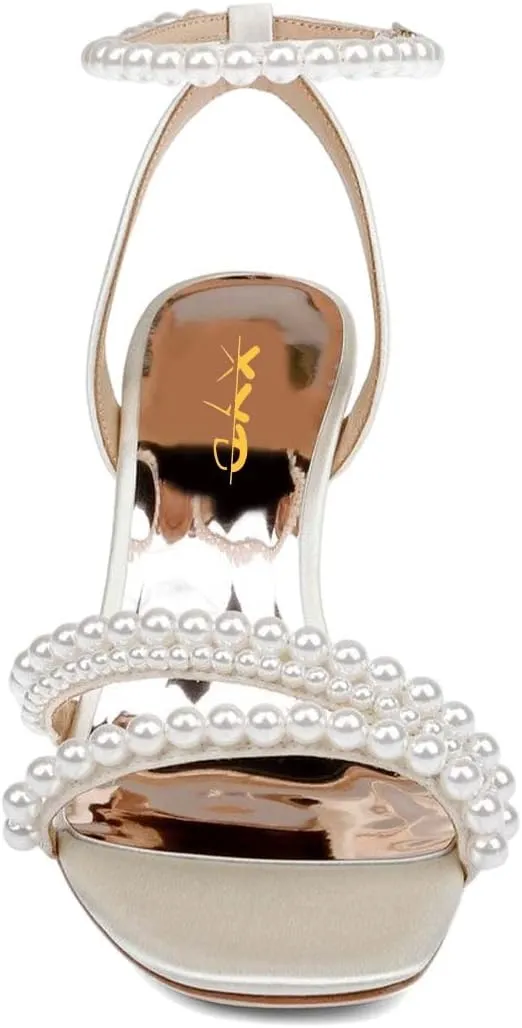XYD Women's Pearl Kitten Heel Open Toe Sandals Silk Satin Rhinestone Dress Prom Wedding Shoes
