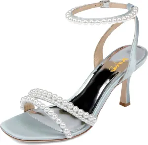 XYD Women's Pearl Kitten Heel Open Toe Sandals Silk Satin Rhinestone Dress Prom Wedding Shoes