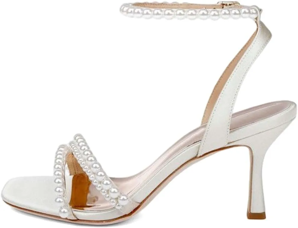 XYD Women's Pearl Kitten Heel Open Toe Sandals Silk Satin Rhinestone Dress Prom Wedding Shoes