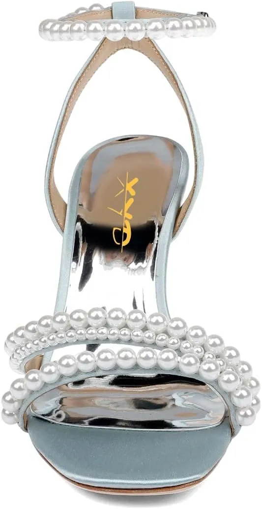 XYD Women's Pearl Kitten Heel Open Toe Sandals Silk Satin Rhinestone Dress Prom Wedding Shoes