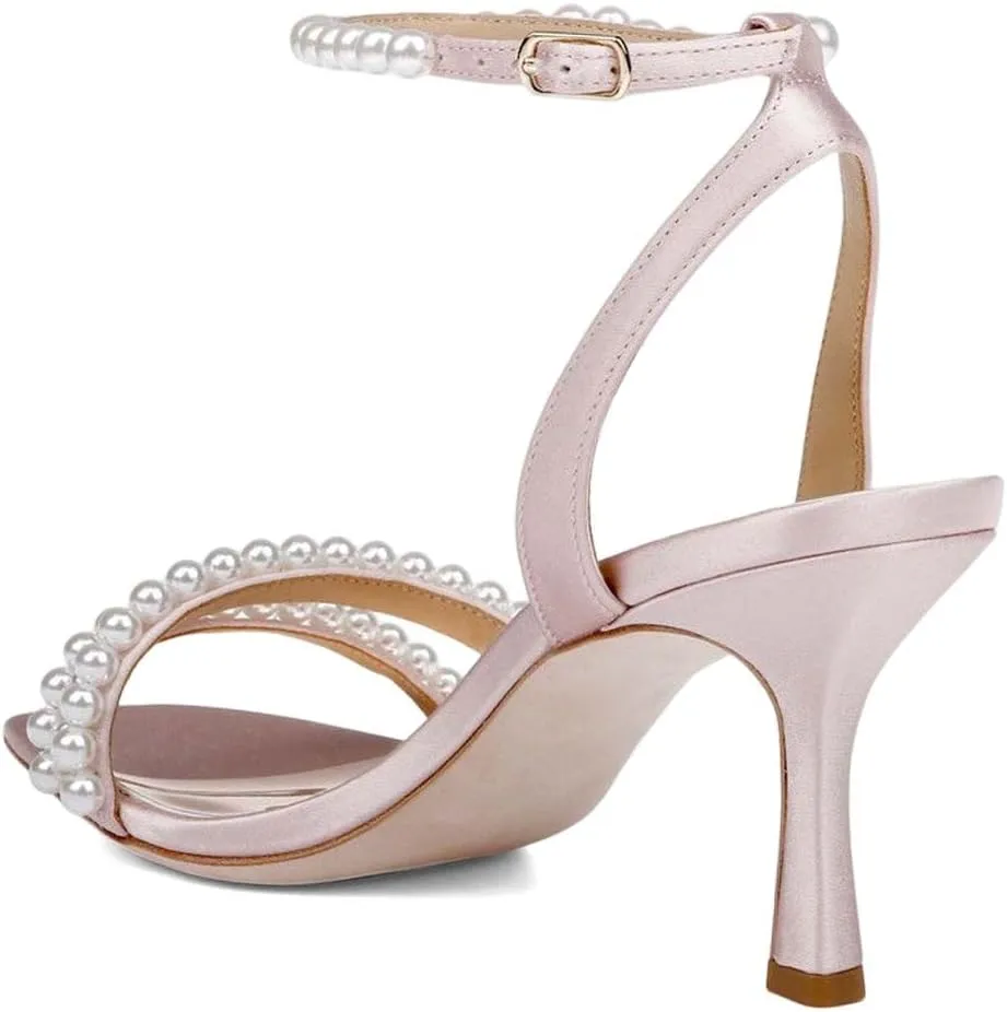 XYD Women's Pearl Kitten Heel Open Toe Sandals Silk Satin Rhinestone Dress Prom Wedding Shoes