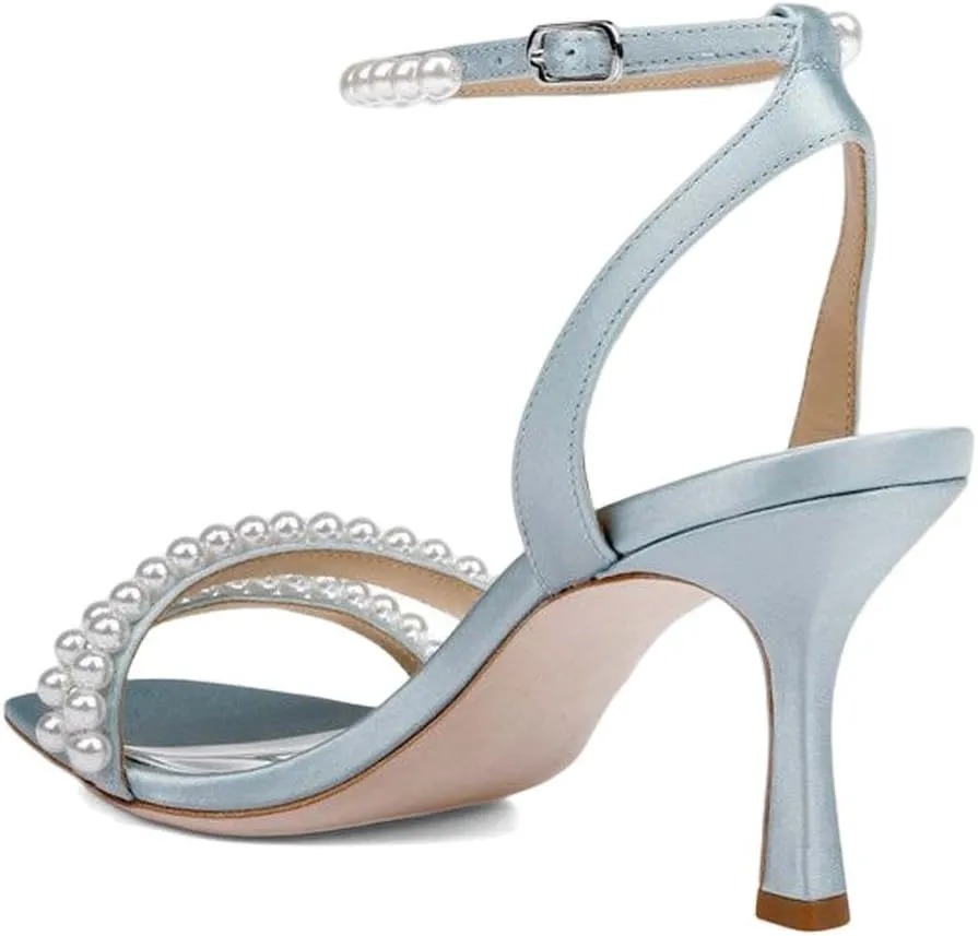 XYD Women's Pearl Kitten Heel Open Toe Sandals Silk Satin Rhinestone Dress Prom Wedding Shoes