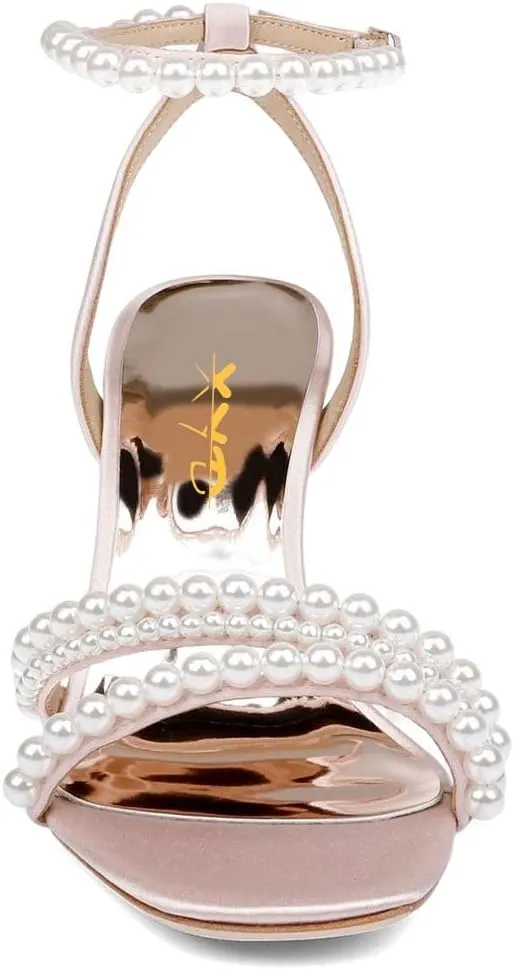 XYD Women's Pearl Kitten Heel Open Toe Sandals Silk Satin Rhinestone Dress Prom Wedding Shoes