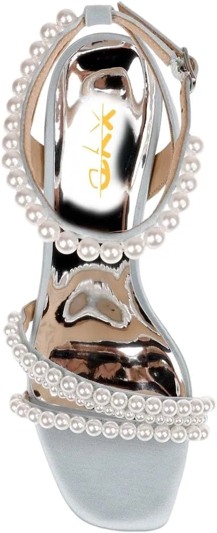 XYD Women's Pearl Kitten Heel Open Toe Sandals Silk Satin Rhinestone Dress Prom Wedding Shoes