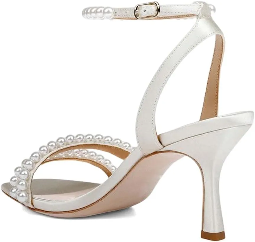 XYD Women's Pearl Kitten Heel Open Toe Sandals Silk Satin Rhinestone Dress Prom Wedding Shoes