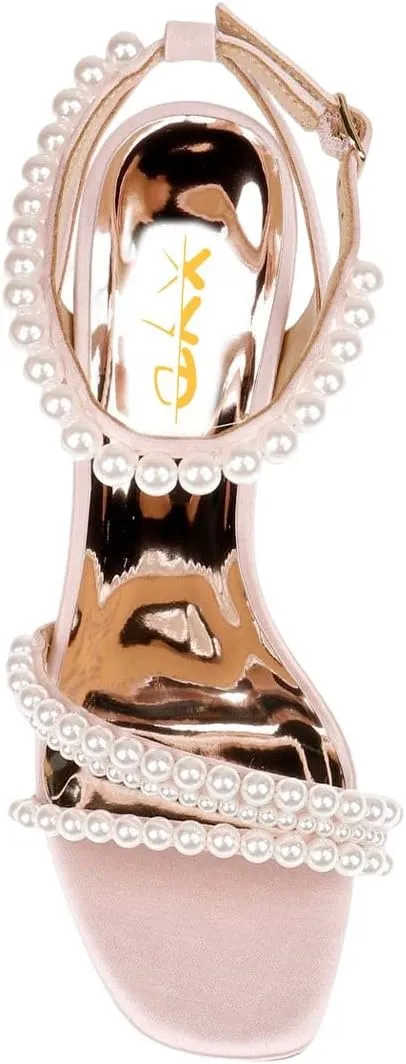 XYD Women's Pearl Kitten Heel Open Toe Sandals Silk Satin Rhinestone Dress Prom Wedding Shoes